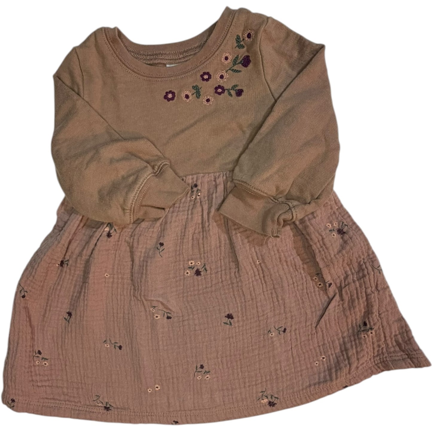 12M | Carter's | Brown & Pink Long-Sleeve Flower Dress with Matching Diaper Cover | EUC